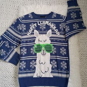 MAD Engine Kids Blue Sweater with Llama and Snowflakes, Medium Unisex